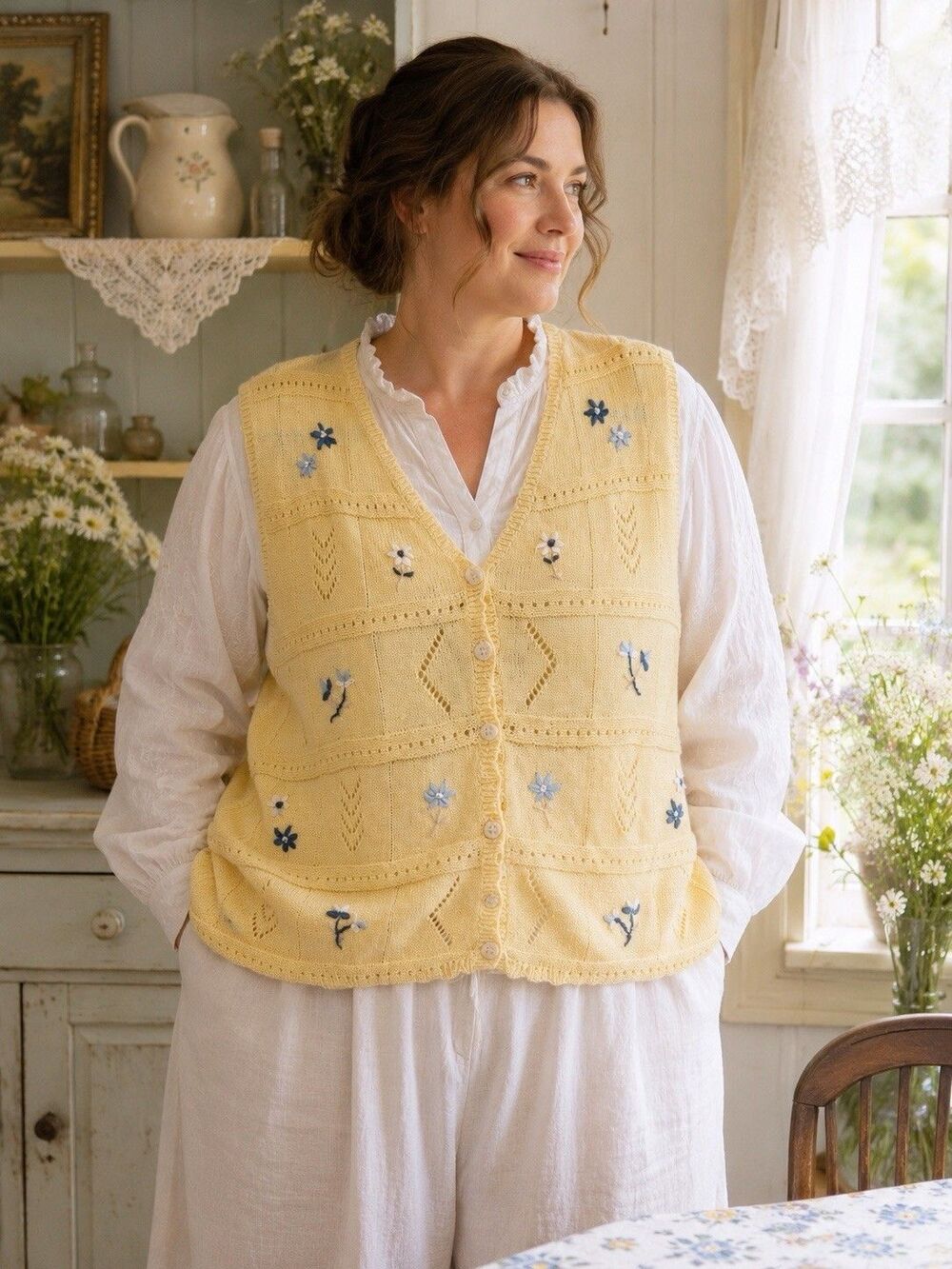 Vintage 90s Gina Peters XL Yellow Floral Embroidered Sweater Vest Ramie Cotton